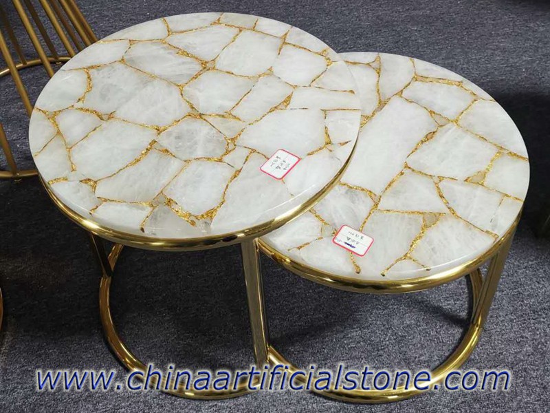 White Crystal Semiprecious Stone Side Tables White Crystal Semiprecious Stone Side Tables