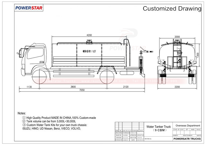 Technical drawing for Isuzu water bowser tanker trucks Technical drawing for Isuzu water bowser tanker trucks