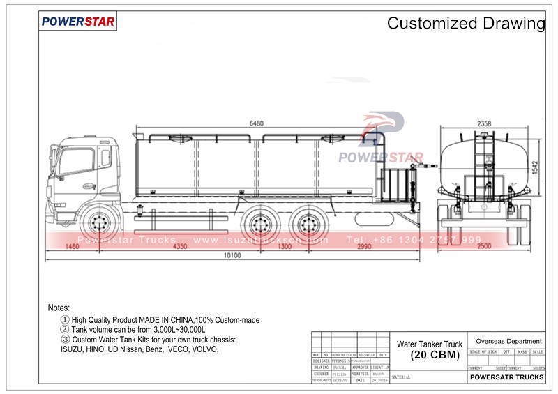 technical drawing for 20cbm street sprinkler Isuzu Street bowser truck