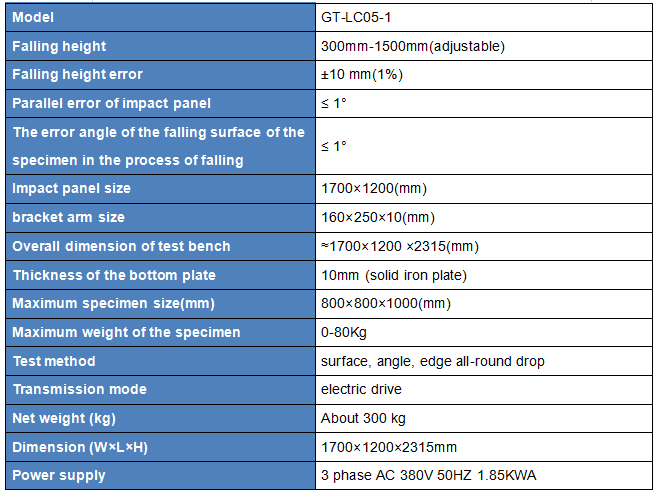 Single Wing Falling Tester Key Specifications