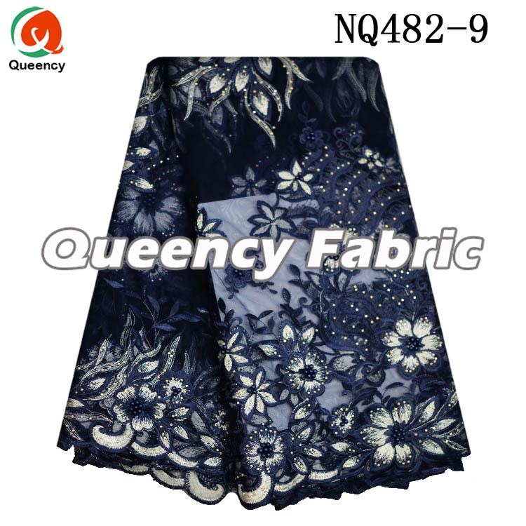 Navy Blue Tulle Stones Floral Embroidery