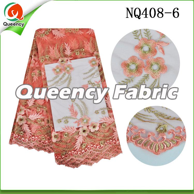 Peach Flower Embroidered Netting Fabric African Lace
