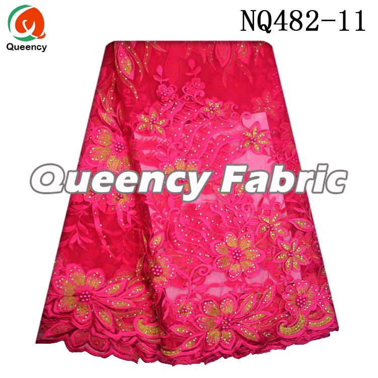 Fushia Ladies French Beads Lace Dresses 