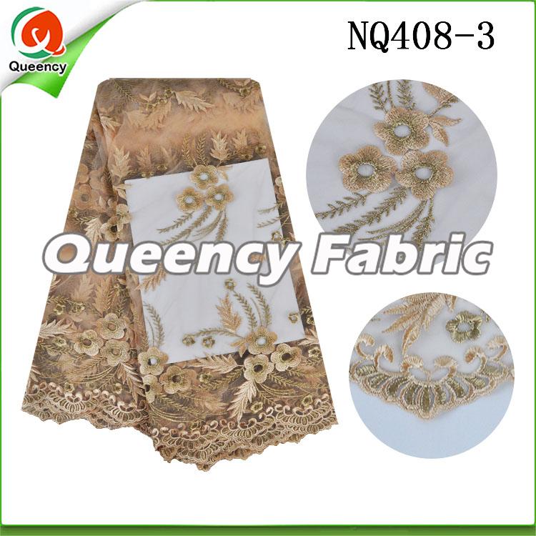 Gold Flower Embroidered Netting Fabric African Lace