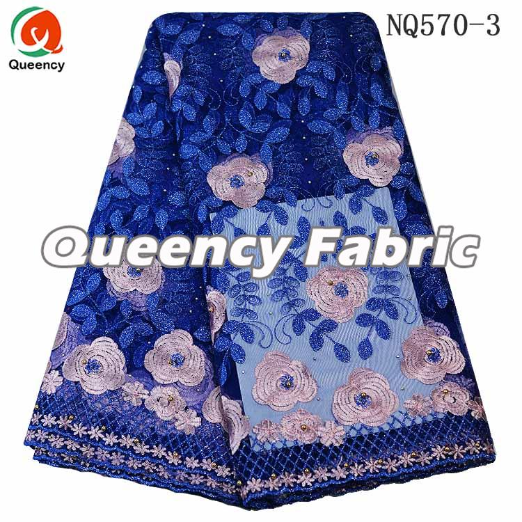 Royal Blue Net Embroidered Wedding Dresses Fabric