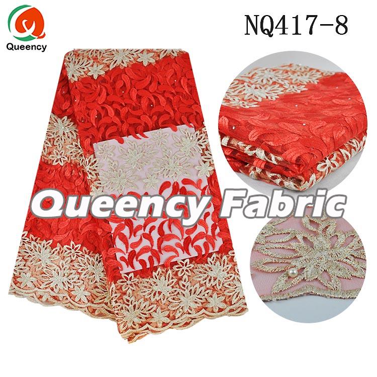 Red Embellished Tulle Fabric