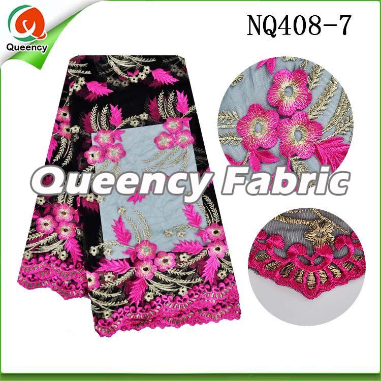 Fushia Flower Embroidered Netting Fabric African Lace