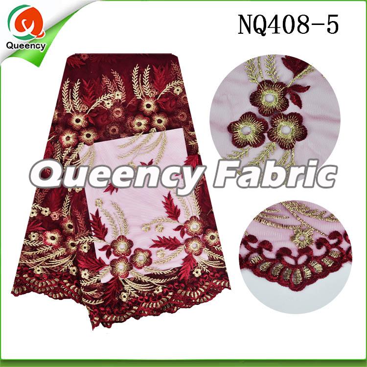 Wine Flower Embroidered Netting Fabric African Lace