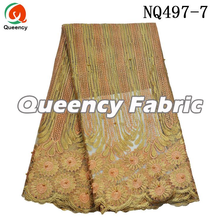 Gold Beaded Nigeria Lace Fabric 