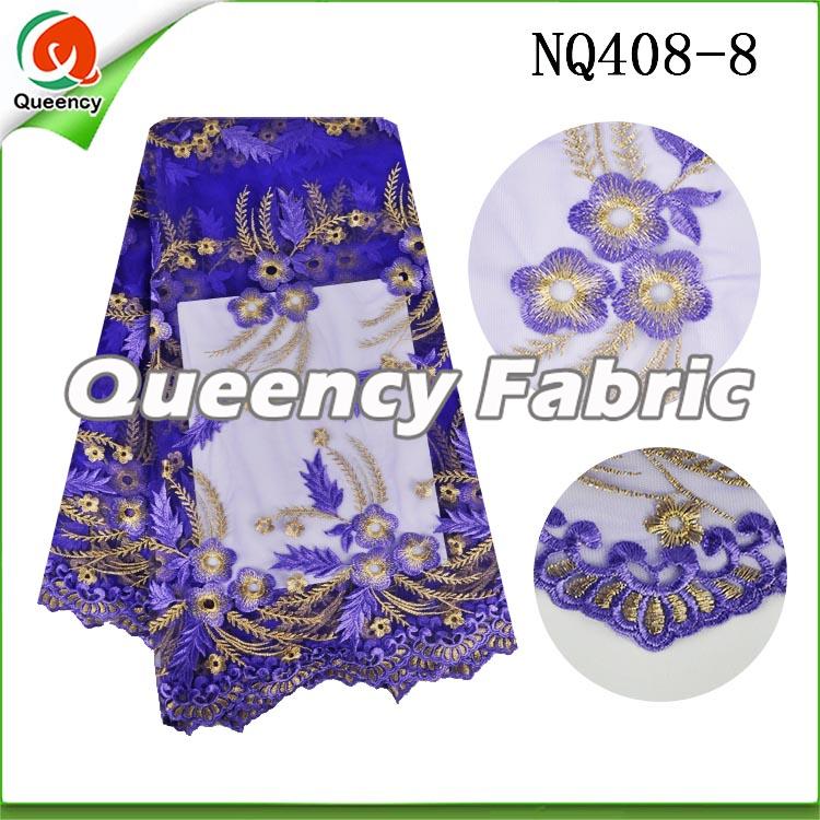 Purple Flower Embroidered Netting Fabric African Lace