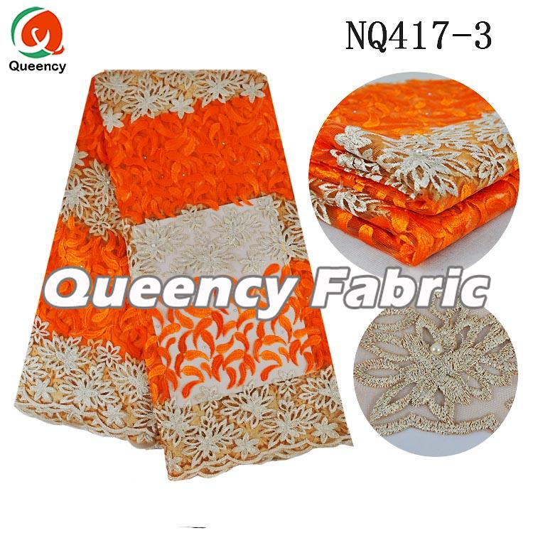 Orange Embellished Tulle Fabric