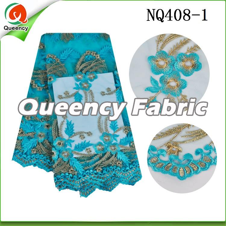 Aqua Flower Embroidered Netting Fabric African Lace