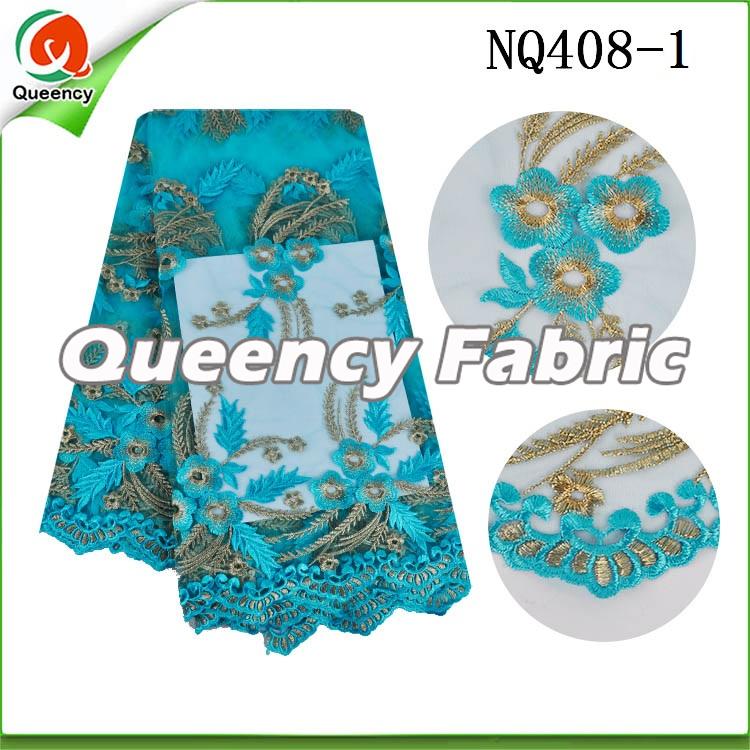 Aqua Flower Embroidered Netting Fabric African Lace Aqua Flower Embroidered Netting Fabric African Lace