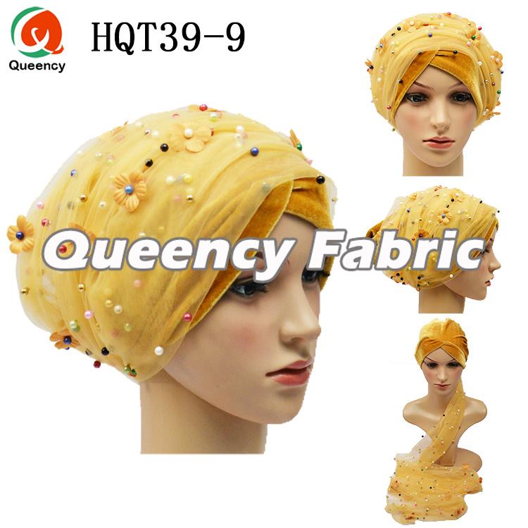 Gold Applique Velvet Ladies Turban Gele 