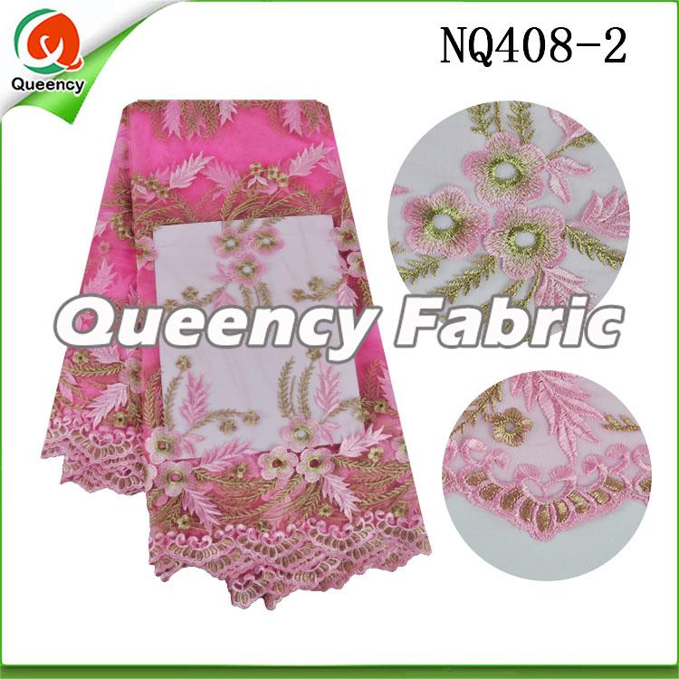 Pink Flower Embroidered Netting Fabric African Lace