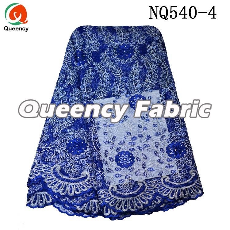 Royal Blue Beaded Lace Tulle Fabric 