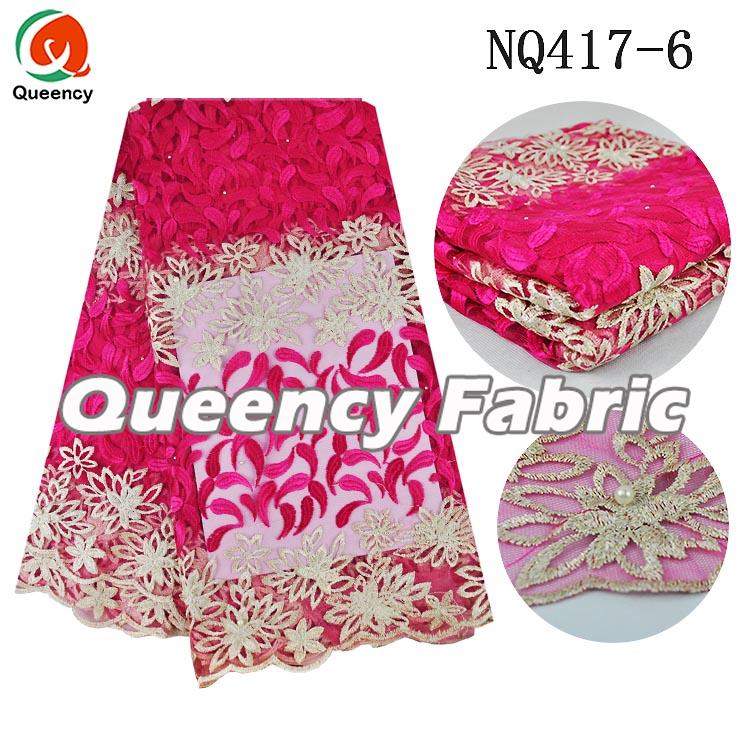 Fushia Pink Embellished Tulle Fabric