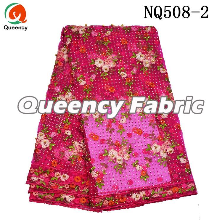 Fushia Beaded Net Embroidery Lace Fabric 