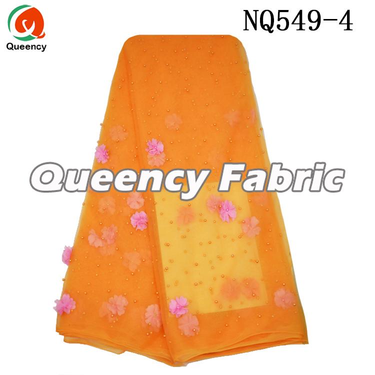 Orange Beaded French Lace Fabric 