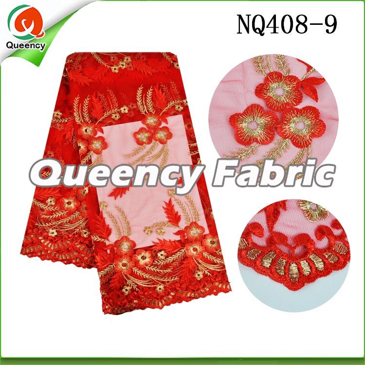 Red Flower Embroidered Netting Fabric African Lace