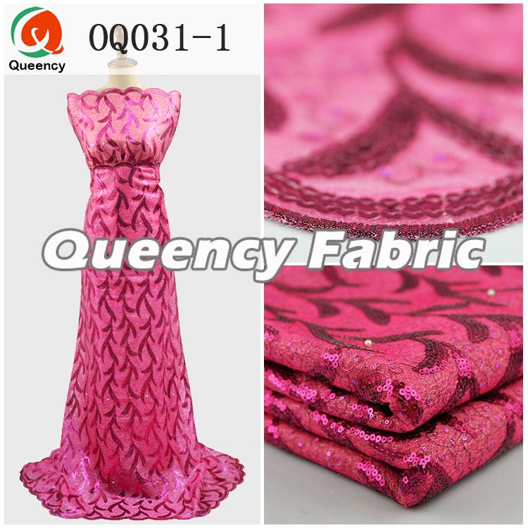 Fushia Organza Lace Fabric With Beads