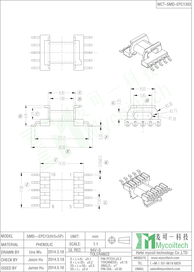 EPC13 Transformer Bobbin SMD Bobbin With 5+5 Pins.