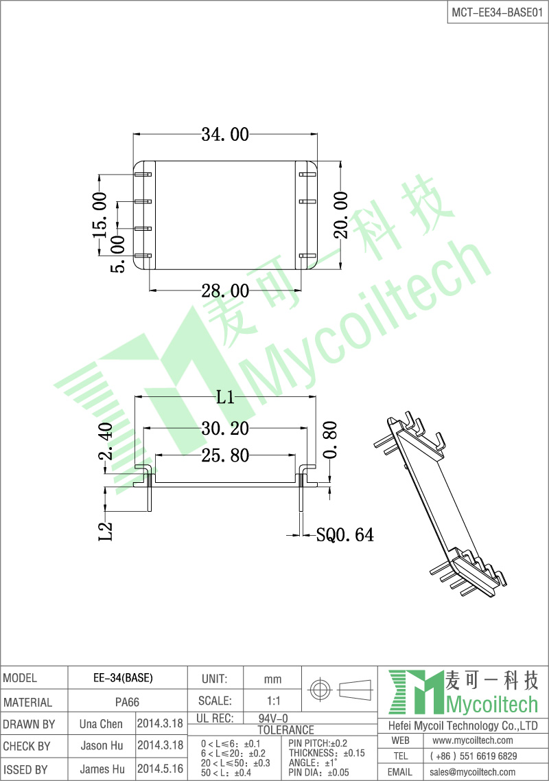  High quality 3+4 Pins EE34 inductor base from MCT 