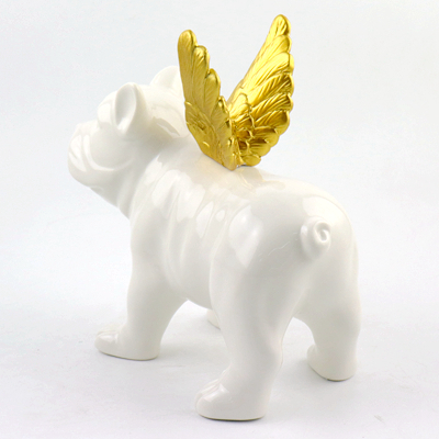 Winged Ceramic Dog Statue White and Black