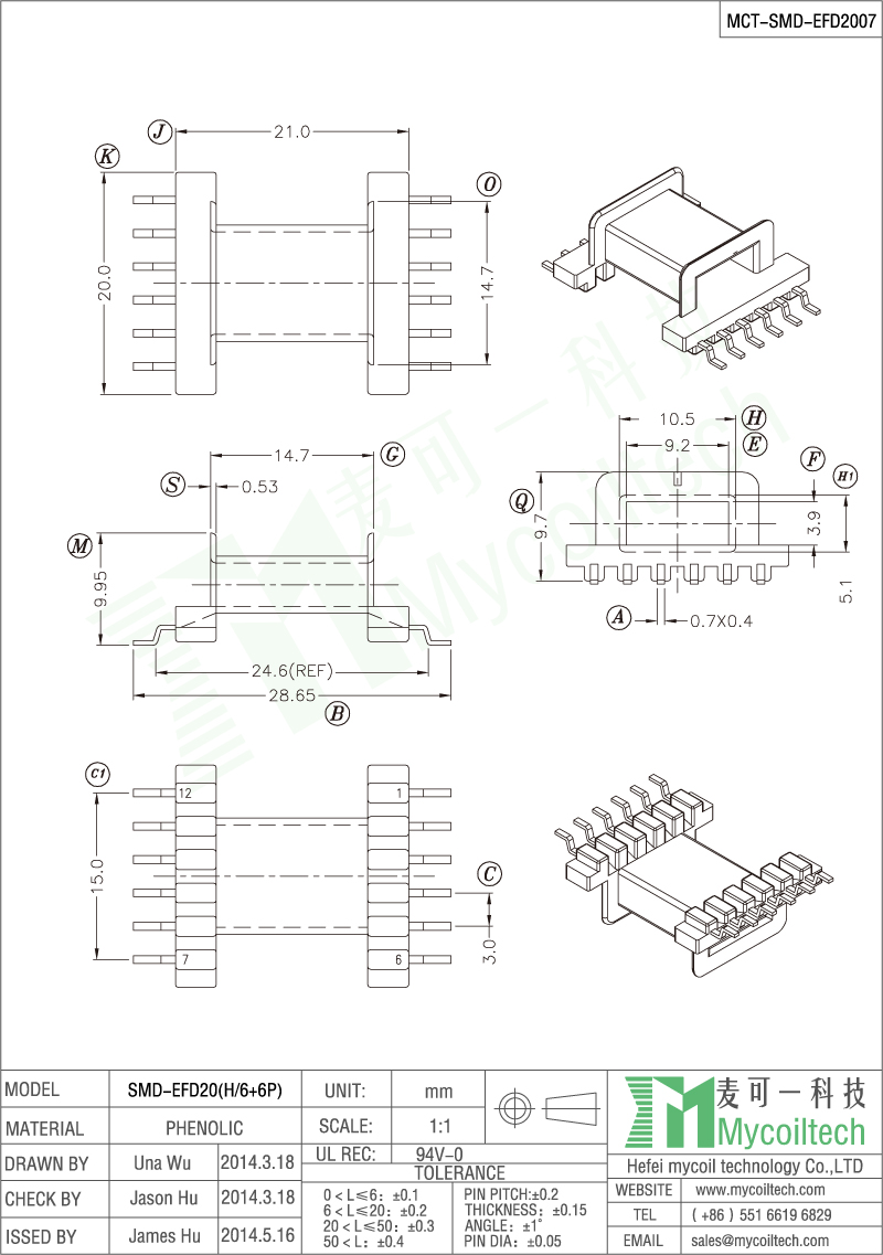 EFD20 6+6 pin coil former