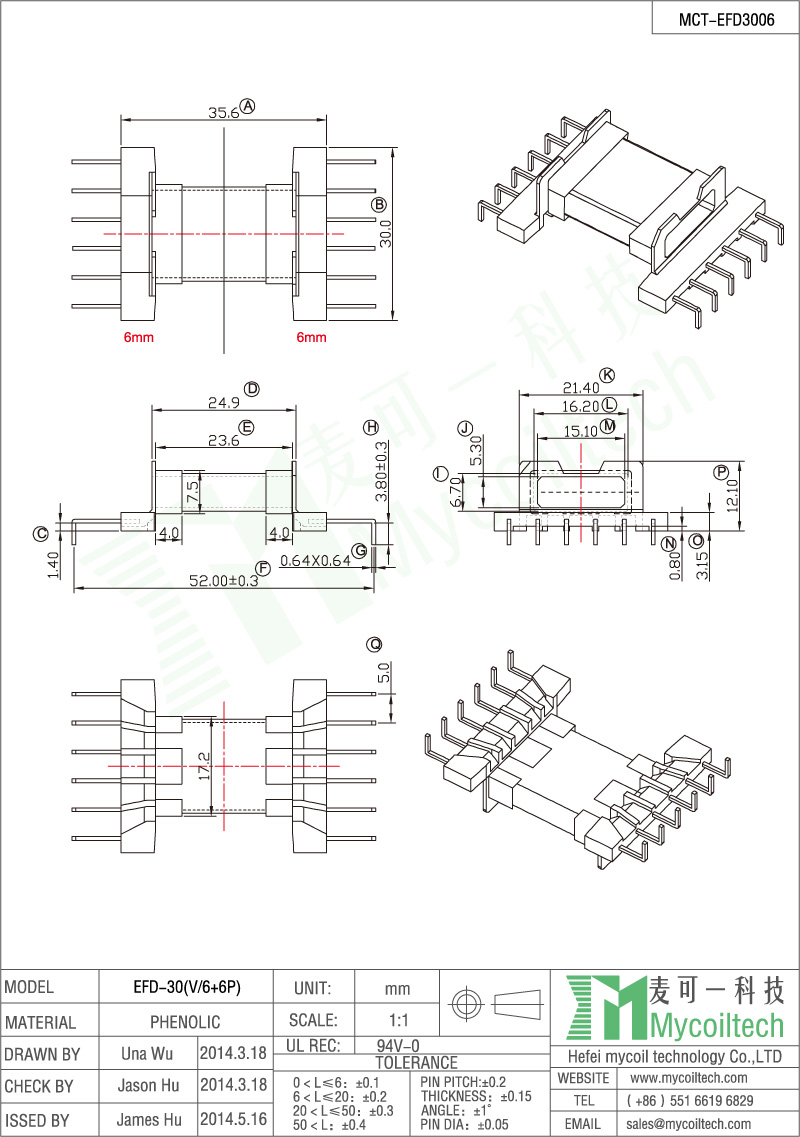  EFD30 Transformer Bobbin 12-pin 6+6 Pins Phenolic Transformer Bobbin