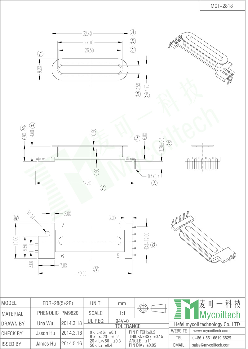 EDR28 transformer bobbin 5+2 pins