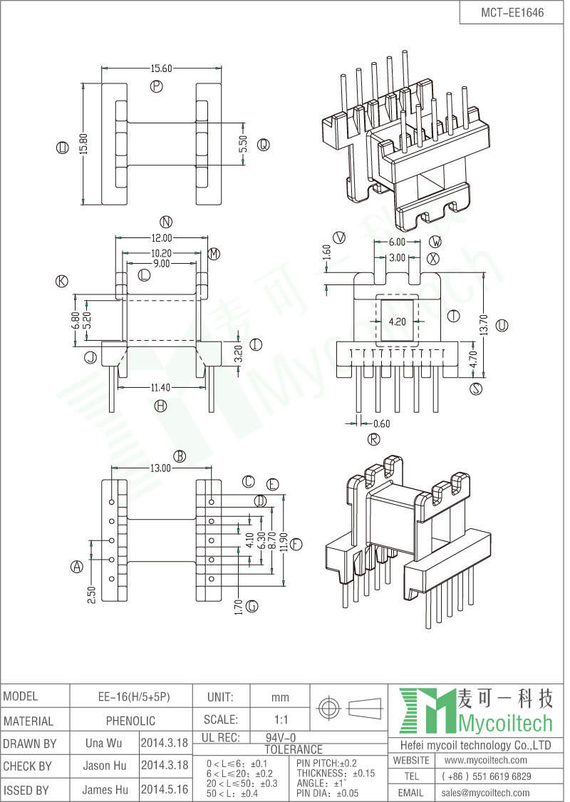 Phenolic Material EE16 Transformer Bobbin With 5+5 Pins