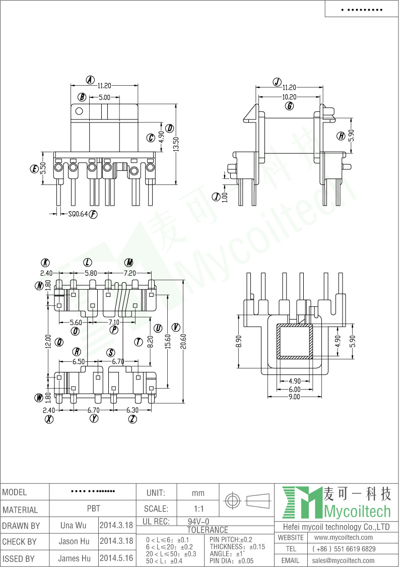 Horizontal Bobbin EF16 Transformer Bobbin With 6+6 Pins