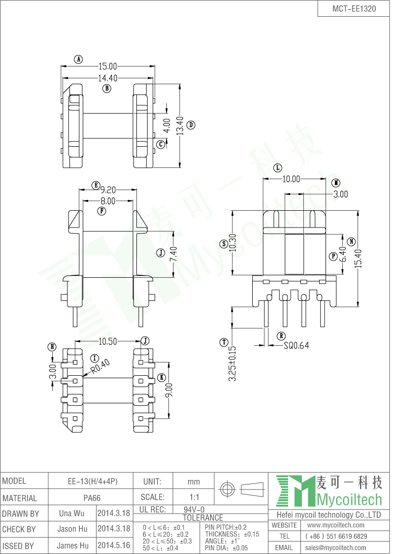 EE13 Transformer Bobbin 4+4 Pins Dip Type Phenolic Material.