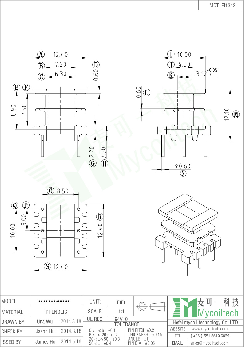 EI13 Transformer Bobbin 3+3 Pins With Double Slots.