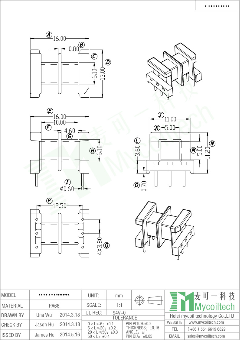 EF16 Horizontal Transformer Bobbin With 3+3 Pins