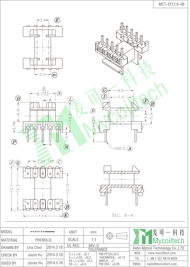 5+5 Pins EF12.6 Horizontal Transformer Bobbin