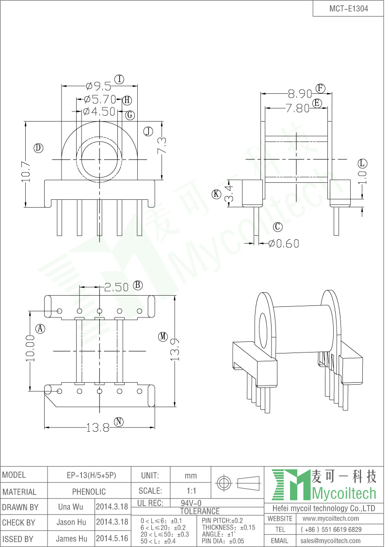 EP13 Transformer Bobbin Horizonal Bobbin 5+5 Pins.