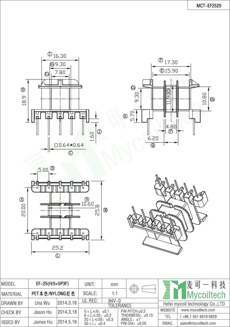 Three slots transformer EF25 bobbin