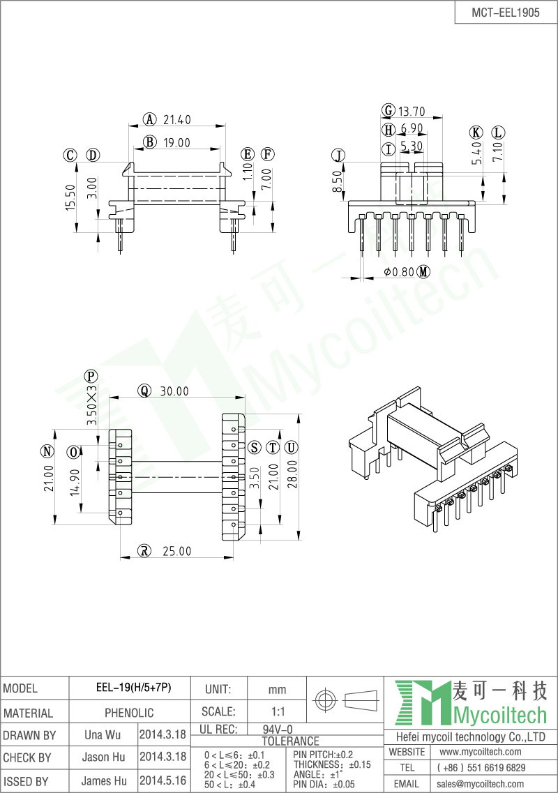 High flux density and low loss EEL transformer bobbin