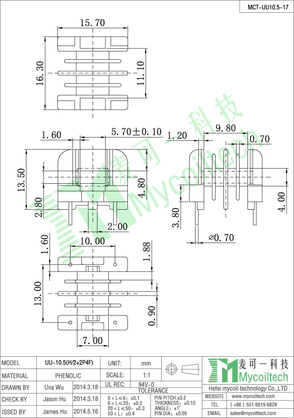 Four slots UU10.5 coil bobbin