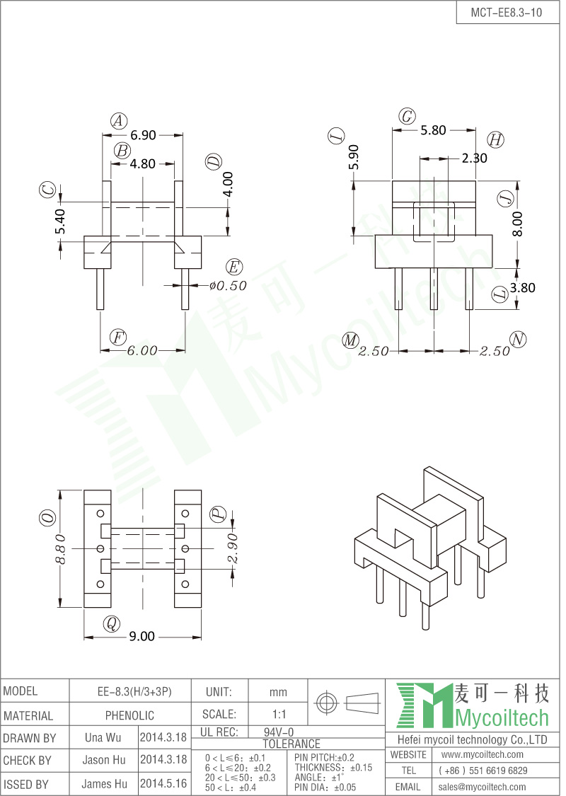 3+3 pin EE8.3 coil former