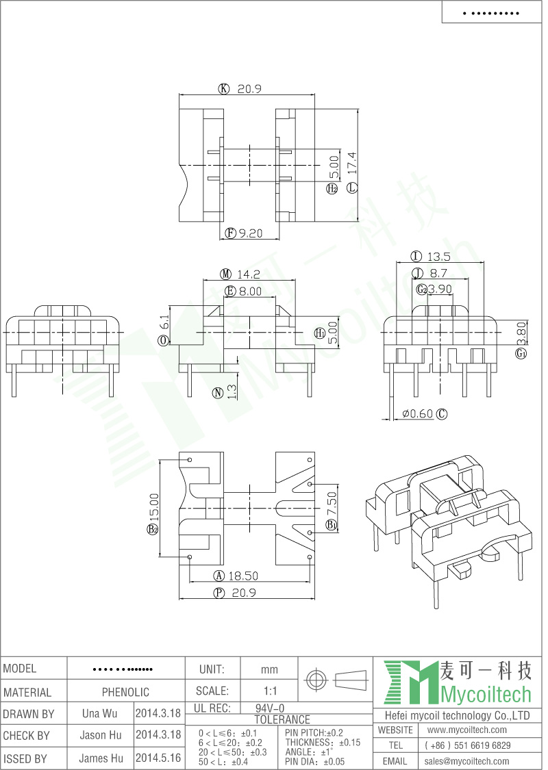 EF15 Horizontal Bobbin Penolic Material With 4+2 Pins.