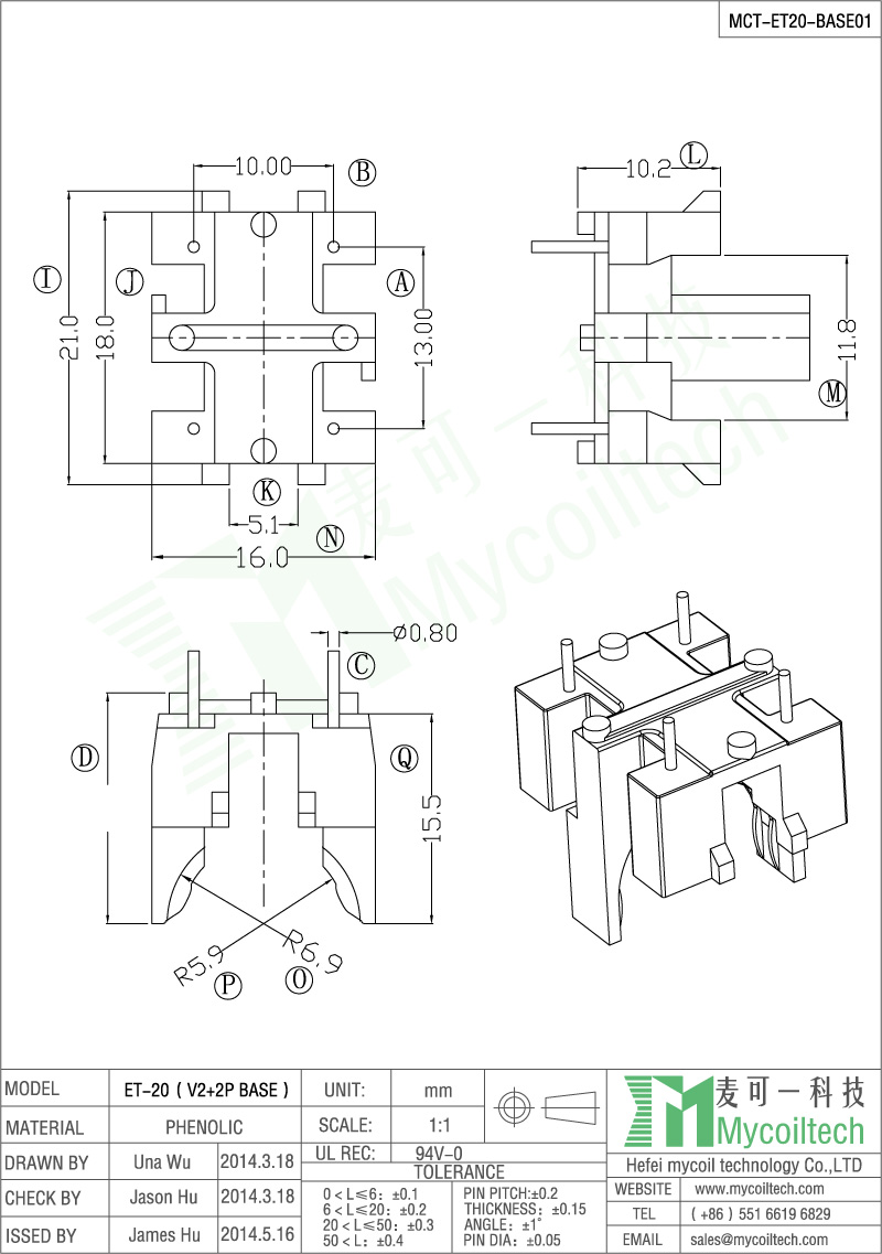 ET20 inductor base for bobbin