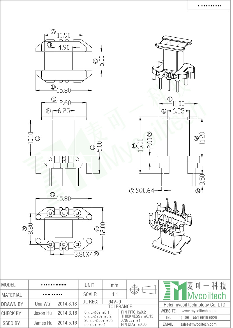 Vertical Bobbin EF16 Transformer Bobbin Phenolic Material