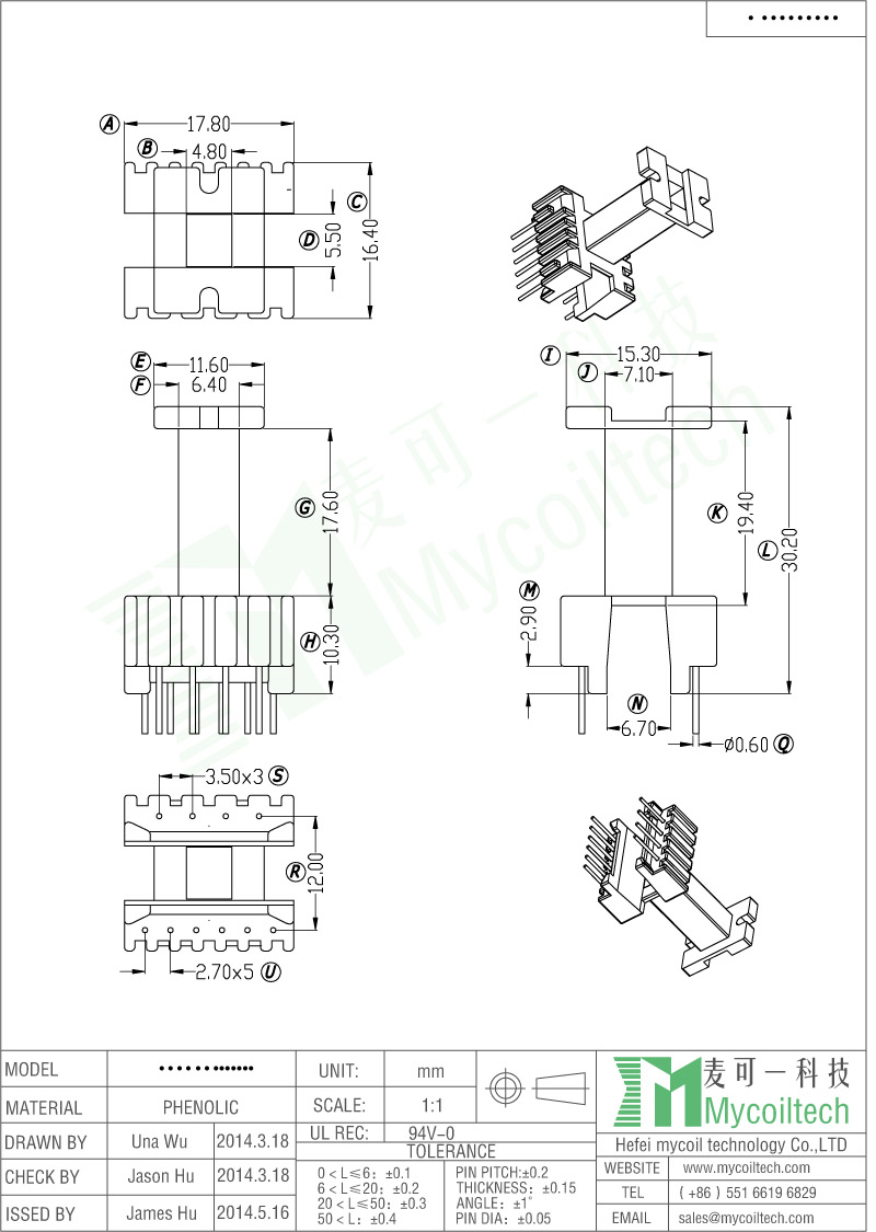 EE16 Vertical Transformer Bobbin With 6+4 Pins Phenolic Material