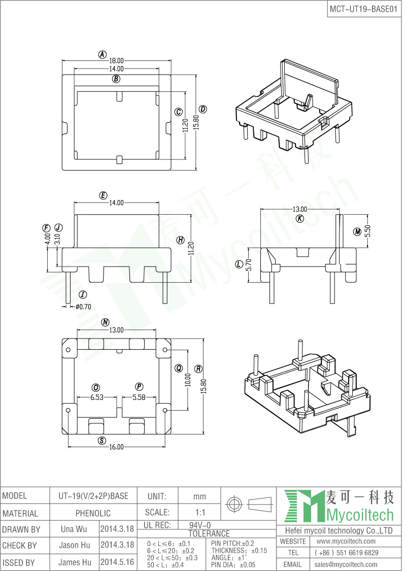 Coil inductor base UT19 vertical base 2+2 pin