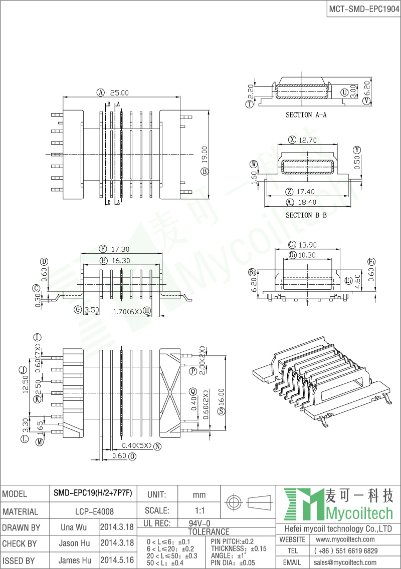 Seven slots transformer bobbin 2+7 pins SMD coil former