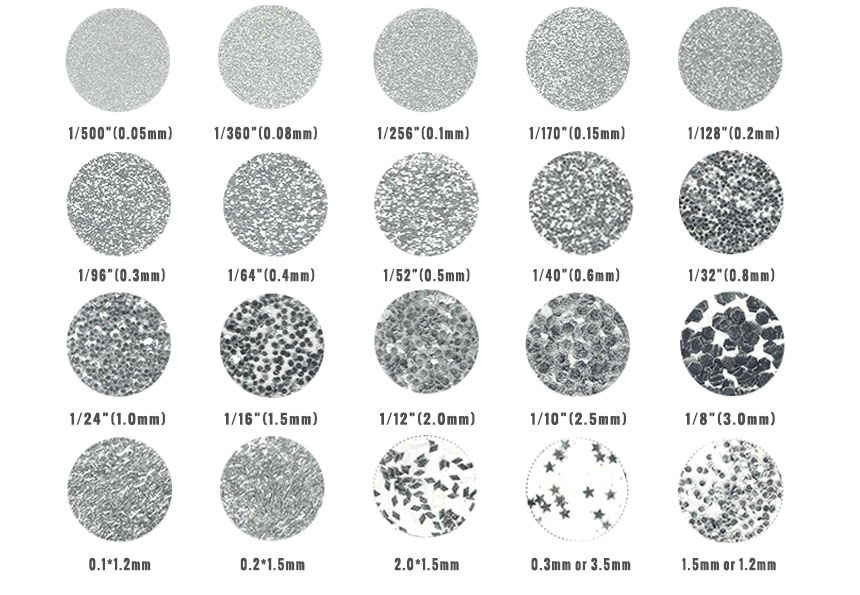 size chart for glitter powder