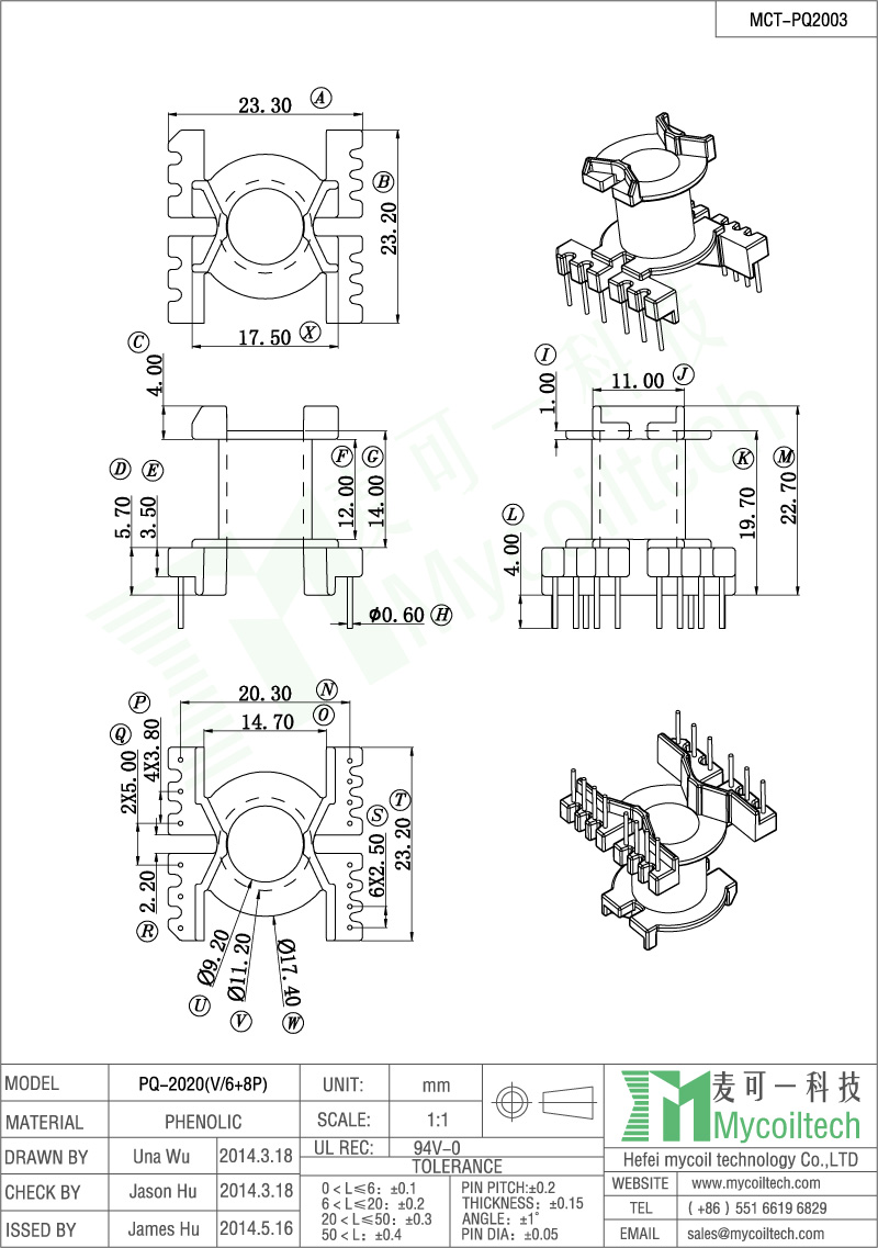 6+8 pin plastic PQ20 transformer bobbin